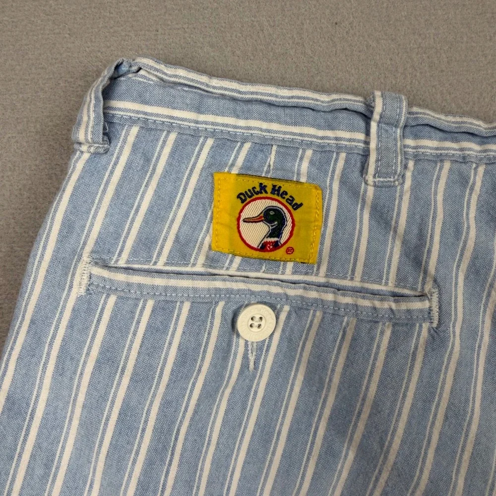Vintage 90s Duck Head Mens 36 Blue White Striped Pleated Chino Shorts Duck Logo